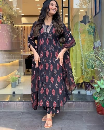 Image of Nermosa Women Printed A-Line Kurta and Pant Set with Dupatta