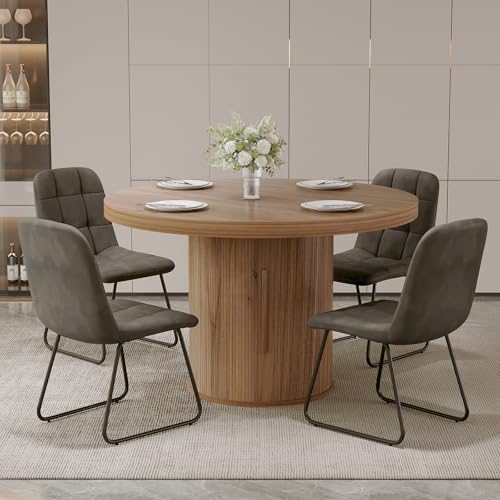 Image of 5-Piece Dining Set for Small Spaces 43.3 inch Round Table & 4 PU Leather Chairs, Modern Farmhouse with Storage Shelf, Apartment Kitchen Easy Assembly (Walnut Color Round Table + 4 U-Shaped Gray Chairs)