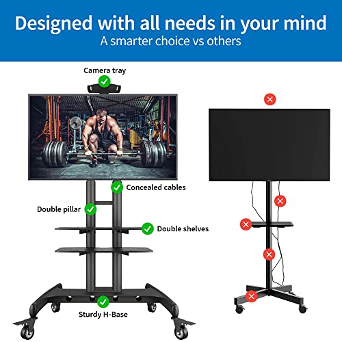 Rolling Mobile Tv Cart [Portable Tv Stand With Large Wheels For 32-70 Inch Lcd Led Flat/Curved Screens Up To 100 Lbs] Height Adjustable Floor Stand With 2 Shelves [Ideal For Home And Outdoor Use] #TOP4