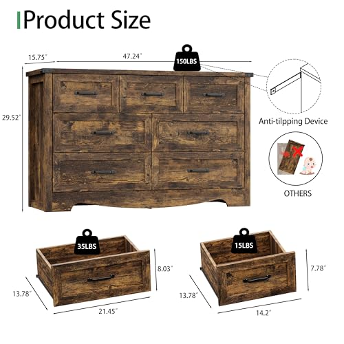 Image of Dresser for Bedroom with 7 Drawers, 48 inch Wide Wood Chest of Drawers with Deep Drawers & Mental Handle, Modern Dresser TV Stand, Wooden Closet Storage Organizer for Living Room, Hallway, Entryway, Brown