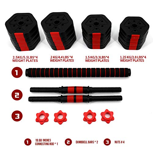 VIVITORY Dumbbell Sets Adjustable Weights, Free Weights Dumbbells Set with Connector, Non-Rolling Adjustable Dumbbell Set, Red Dumbbells Weights Set for Home Gym, 44 to 66 Lbs, Hexagon, Cement Mixture