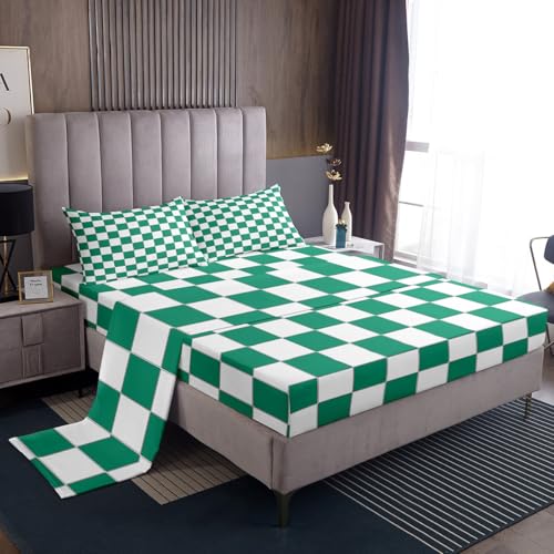 Image of Erosebridal Green Checkered Bedding Full White Emerald Green Checkerboard Sheet Set,Buffalo Plaid Grid Bed Sheets for Kids Adults Aesthetic Geometric Gingham Bed Sheet Set 4 Piece