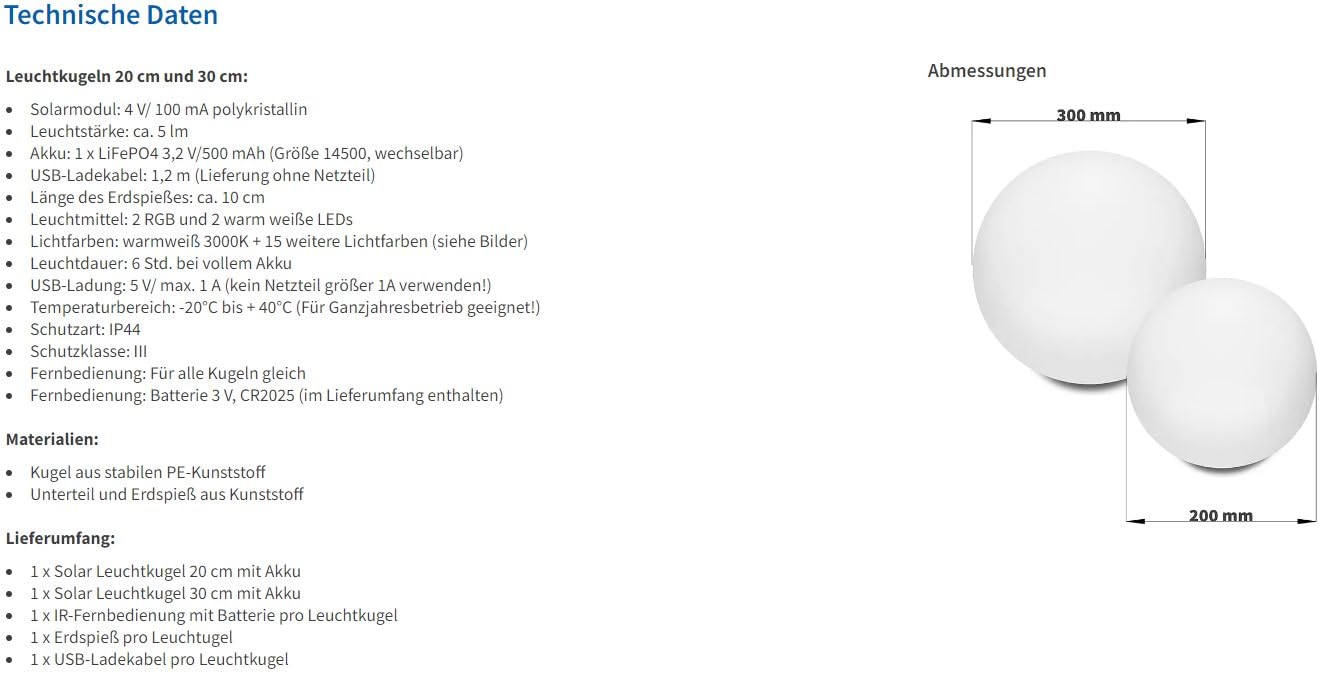 Esotec Solarkugeln Siena, 2er Set, multicolor, 20+30cm, Fernbedienung, USB, 16 Leuchtfarben, Akku, Solarmodul, Erdspieß, Solarleuchte, Kugelleuchte, außen, winterfest, wetterfest, 102894