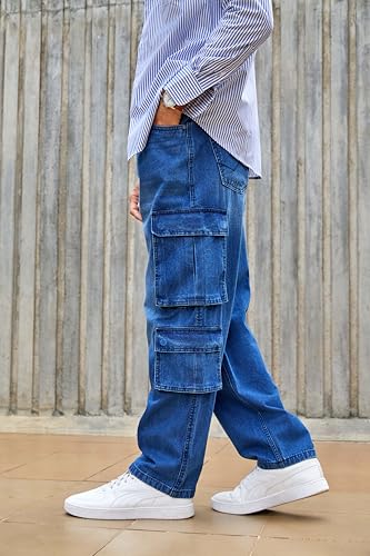 Image of WROGN Men's 100% Cotton Cargo Jeans | Solid | Loose Fit