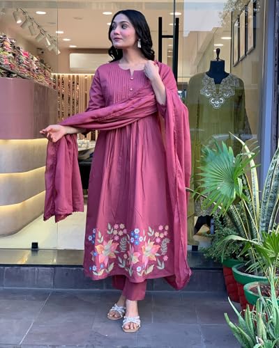 Image of GoSriKi Women's Rayon Viscose Embroidered Anarkali Kurta with Pant and Dupatta | Three Piece Ethnic Kurta Set for Women with Elegant Design