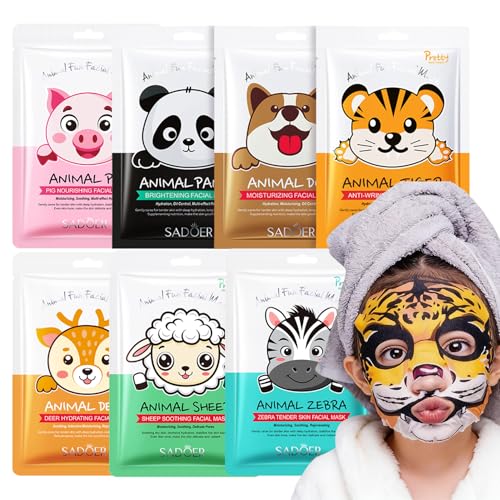 Face Masks Skincare- Animals Face Mask Moisturizing And Smoothing 7 Sheet Cute Kid Face Mask Gift Set Skin Care Gifts for Kids Teenage Girls (7 Sheets)