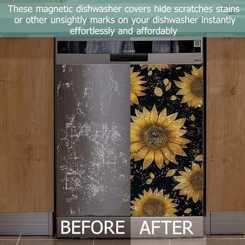 Image of Dishwasher Magnets Decorative Cover,Gold Sunflower Refrigerator Magnet Cover,Washable Modern Floral Dishwasher Front Panel Cover Home Kitchen Decoration 23x26 Inch