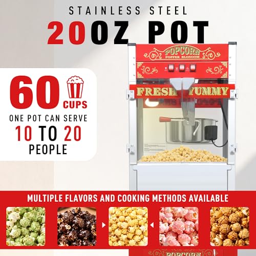 Image of 20 Oz Commercial Popcorn Machine with Cart (Red) - High Volume Popcorn Maker - Vintage Movie Theater Style Popper with Storage, Stainless Steel Serving Supplies for Business Use