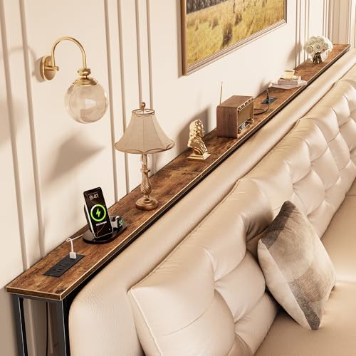 Image of Huuger 149.6 Inch Sofa Table with Power Outlets, Skinny Behind Couch Table | 5.9 Inch Narrow Entryway Table, Extra-Long Console Table, Behind the Couch Table with Outlet for Living Room, Rustic Brown