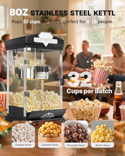 Image of 8 Oz Popcorn Machine Maker, Pop Corn Machine, Tabletop Popcorn Machine Makes Up to 32 Cups, Movie Theater Popcorn Popper Machine with Stainless-Steel Kettle for Home Family, 300 W, Black