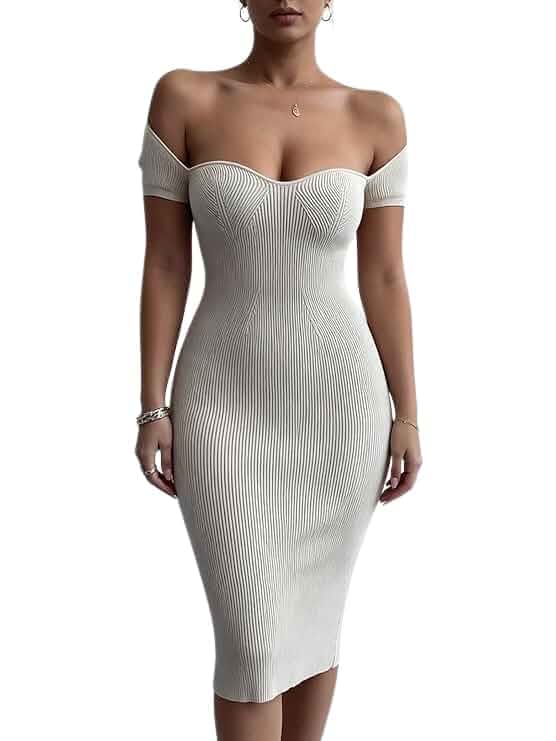 Women's Off The Shoulder Bodycon Dress, Rib Knit Short Sleeve Split Hem Slim Fit Sexy Summer Vacation Club Party Midi Dresses Cuff Sleeve