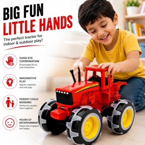 Image of Kids Tractor Toy with Monster Wheels | Friction Powered Farm Vehicle for for Toddlers Boys Girls | Safe ABS Plastic Construction | Educational Gift for Boys & Girls 3+ Years | Red