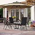 PHI VILLA 5 Piece Patio Dining Set with 10FT Umbrella (Beige), Outdoor Table and Chairs Set with Patio Folding Dining Chairs & Metal Square Dining Table for Yard Garden Deck