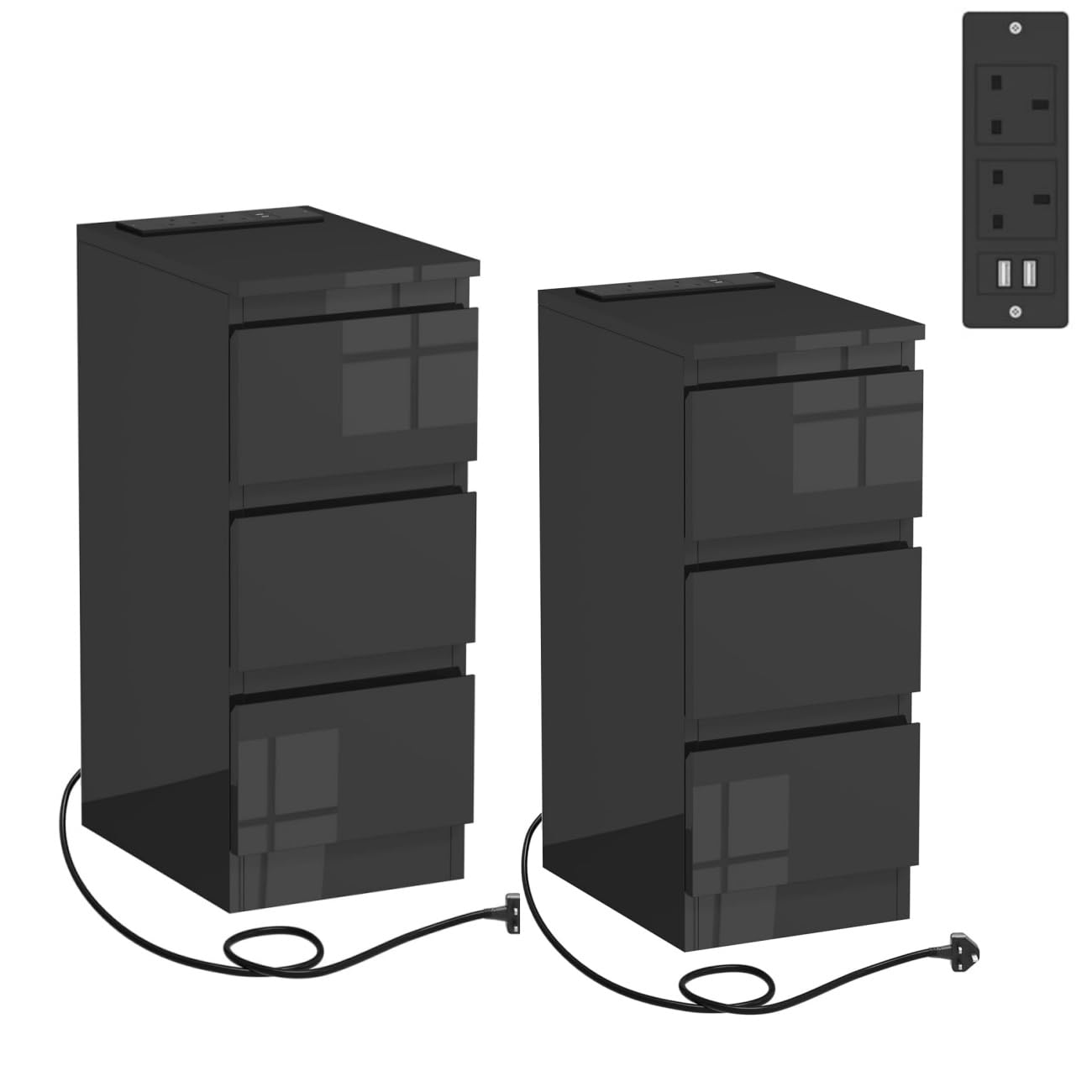 Pantanal Set of 2 Slim Bedside Table 3 Drawers Cabinet Nightstand with Charging Station, 25CM Small Narrow Side Table End Table Wood with 2 USB Ports & Power Sockets for Bedroom Living Room โ image 1