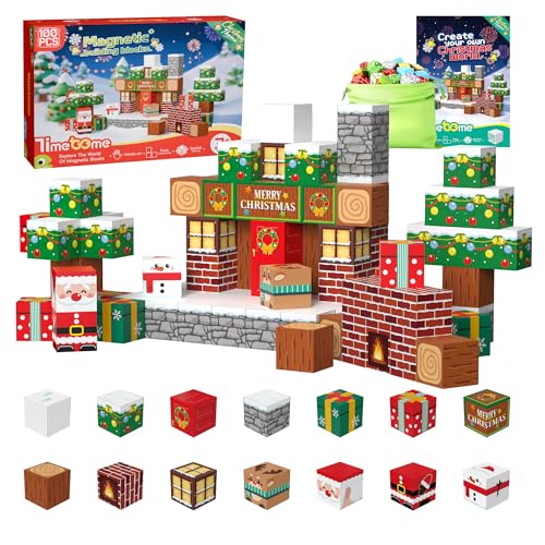Timetome Magnetic Blocks 100PCS Magnetic Building Block Cubes STEM Montessori Sensory Toys for Kids Boys Girls Ages 3 4 5 6 7 8 9 10 (Christmas Version)