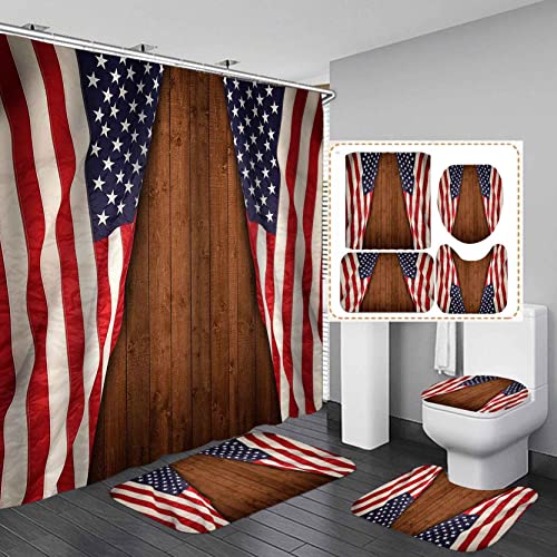 SKAILIÉ 4PCS American Flag Shower Curtain Set, USA Flag 4th of July Independence Day Patriotic Country Rustic Farmhouse Men Bathroom Decor, Waterproof Fabric Brown Shower Curtain, Non-Slip Bath Mat SKAILIÉ 4PCS American Flag Shower Curtain Set, USA Flag 4th of July Independence Day Patriotic Country Rustic Farmhouse Men Bathroom Decor, Waterproof Fabric Brown Shower Curtain, Non-Slip Bath Mat