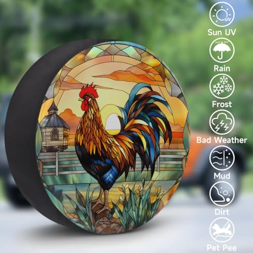 Image of Spare Tire Cover for RV Trailer, Glass Rooster Tire Covers Universal Fit for Travel Trailer Camper Jeep RV SUV Truck Waterproof Wheel Cover (15 inch for Diameter 27 inch - 29 inch),A-784