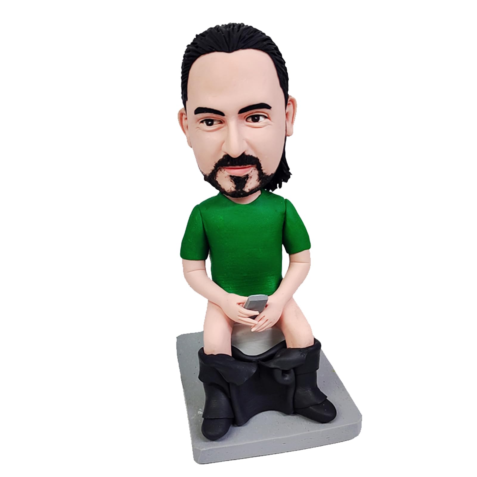 Figura personalizada de Bobble-Heads, muñeca personalizada, figuras de cabeza de Bobble hecha a mano, escultura personalizada regalo para hombre, camisa verde sentado en el inodoro, cabeza