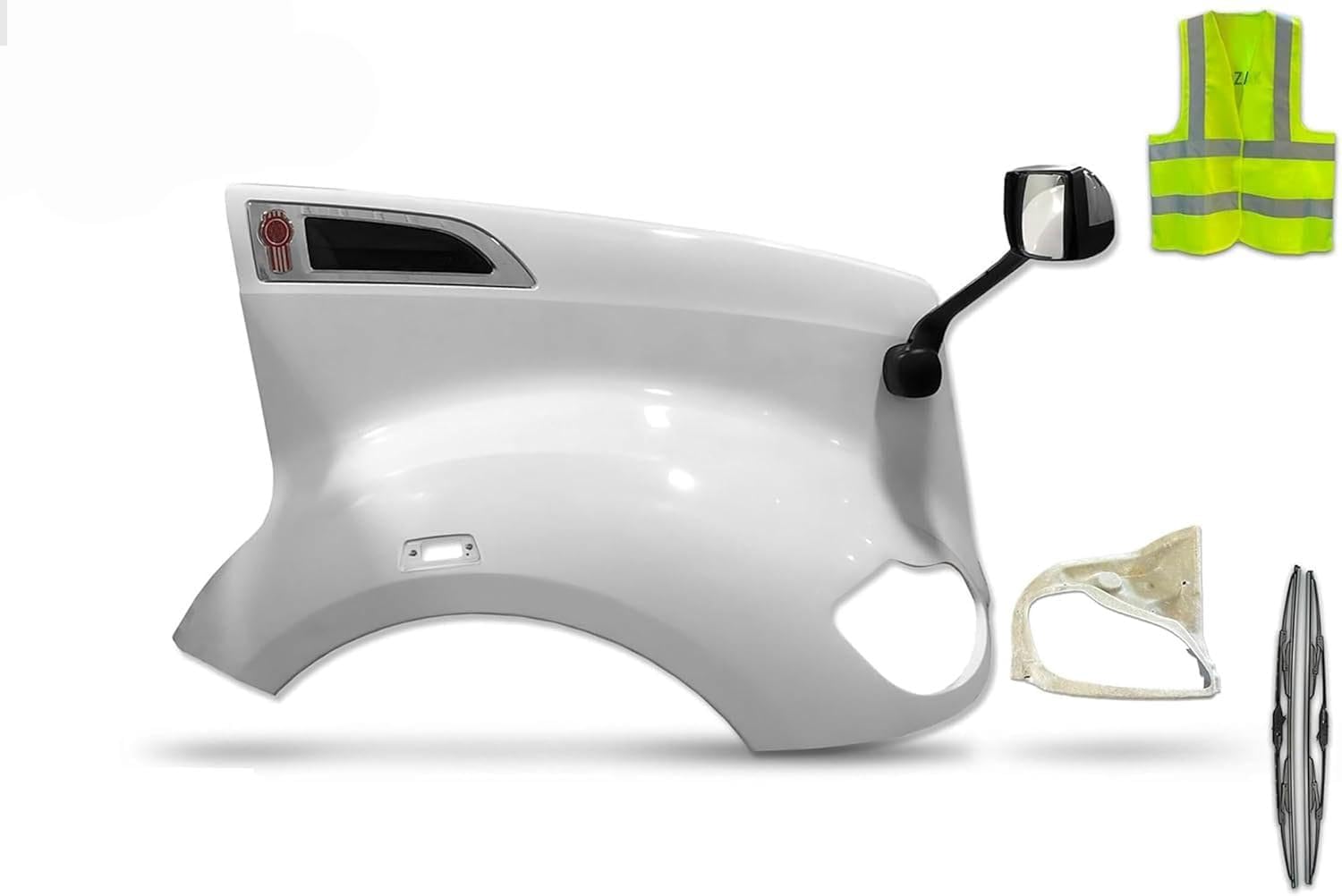 KOZAK Long Service Hood Fender w/Corner Frame Headlight, Air Intake Vent & Chrome Mirror (Passenger Right Side) Compatible with Kenworth T680 2012-2021 Plus Logo, Wipers, License Plate Frame, Vest