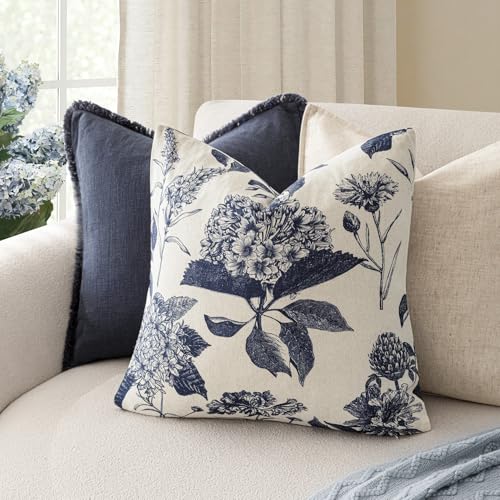 Image of Foindtower Set of 2 Linen Floral Vintage Throw Pillow Covers Neutral Accent Print Decorative Cozy Cushion Covers Farmhouse Boho Home Decor for Sofa Chair Couch Bed Living Room,18x18 Inch,Navy Blue