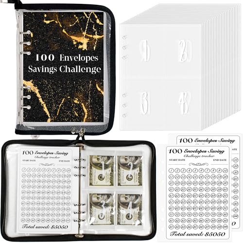 LingLingo 100 Envelopes Money Saving Challenge Binder, Easy and Fun Way to Save $5,050, A5 Budget Book with Cash Envelopes Kit (Black,Zipper)