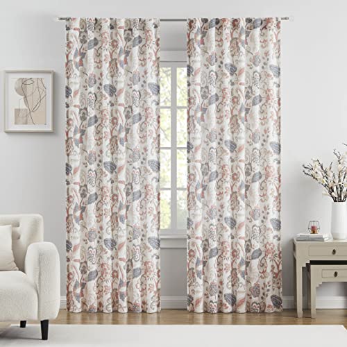 Kayne Studio Backtab Rod Pocket Jacobean Floral Semi Sheer Curtains, Botanical Curtains Tab, Vintage Farmhouse Curtains For Bedroom, Navy Red Light Filtering Window Treatment Sets,52"X84",2 Panels #TOP1