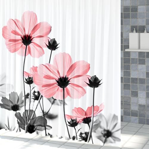 ZJRBJB Pink and Gray Floral Shower Curtain for Bathroom Decor, Country Pink Wildflower and Leaf Plant on White Shower Curtain with Hooks Nature Flower Bathroom Curtains Shower Set, 72W X 72L inches by ZJRBJB - Used condition - Image 3