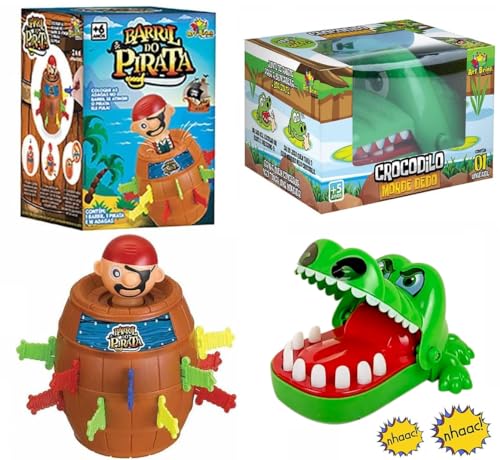 Kit Jogo Pula Pirata Barril + Jogo Croc Croc Crocodilo Morde Dedo Jacaré Dentista - Linha Premium M5 Armarinhos