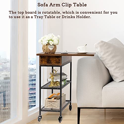 Hadulcet End Table With Charging Station, Couch End Tables Rotating Top Skinny Nightstand With Outlet For Living Room Bedroom Rustic Brown #TOP4