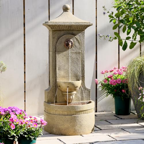 Image of Bumilgar Outdoor Wall Fountain, 42.91 in Freestanding with LED Lights | European-style resin wall fountain with LED lights and flat-back design for patios, gardens, courtyards, and porches