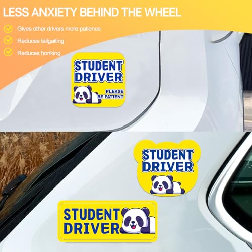 Image of Student Driver Please Be Patient Car Magnet, Yellow Panda Cute Shape, Patient with Reflective Magnetic Bumper Sticker Set Detachable, Novice Safety Signs.Set of 3