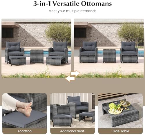 KOTEK 5 Pieces Patio Furniture Set with Ottomans, Wicker Patio Conversation Set with Coffee Table & Cushions, PE Rattan Outdoor Lounge Chairs for Backyard, Porch, Poolside (Mix Grey- Grey) — view 4