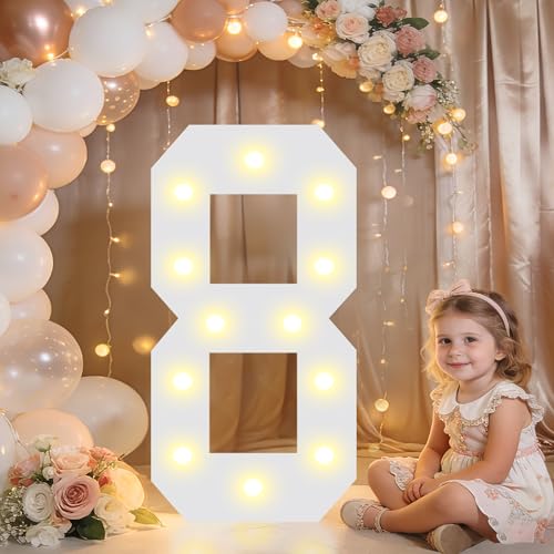 Image of Pooqla 2.4FT Light Up Numbers, Marquee Numbers 2.4 Feet Tall Party Decor for Her Him, Mosaic Big Sign for 8th 18th 80th Birthday Anniversary Decoration Backdrop, Large Pre-Cut Frame Number 8