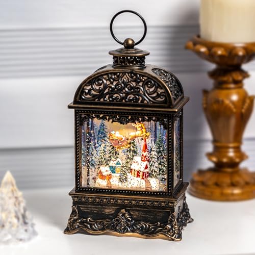 image for MXwcy Christmas Village Snow Globe Lighted Flying Santa Scene, Musical