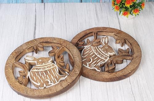 Set-of-2-Rabbit-Wooden-Trivets-for-Hot-Pots-and-Pans-Tea-Pot-Holders-Hot-Pads-Modern-Farmhouse-Kitchen-Counter-Decor-8-Inch-Diameter Set of 2 Rabbit Wooden Trivets for Hot Pots and Pans Tea Pot Holders Hot Pads Modern Farmhouse Kitchen Counter Decor 8 Inch Diameter