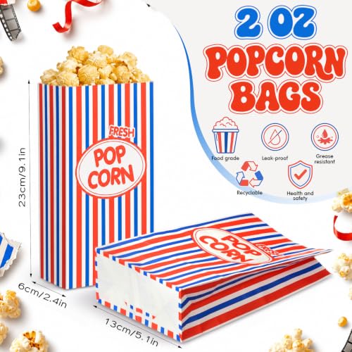 Image of Potchen 200 Pcs Paper Popcorn Bags Bulk 2 oz Large Individual Serving Popcorn Bag Flat Bottom Disposable Container Vintage for Movie Night Themed Summer Back to School Party Carnival (Red Dark Blue)