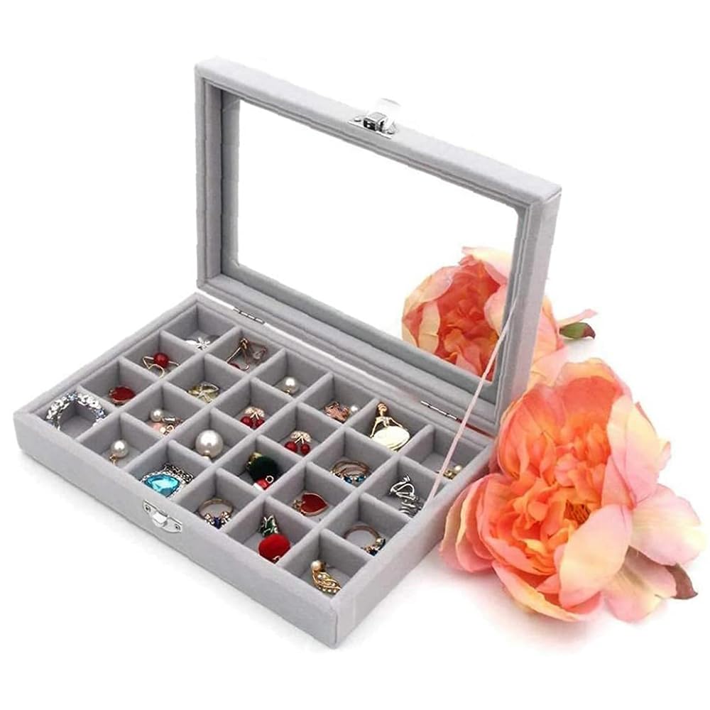 Clear Lid Velvet 24 Grid Jewelry Organizer Box Stackable Tray Earring Display Showcase Lockable Jewelry ifts for Girls Women Men