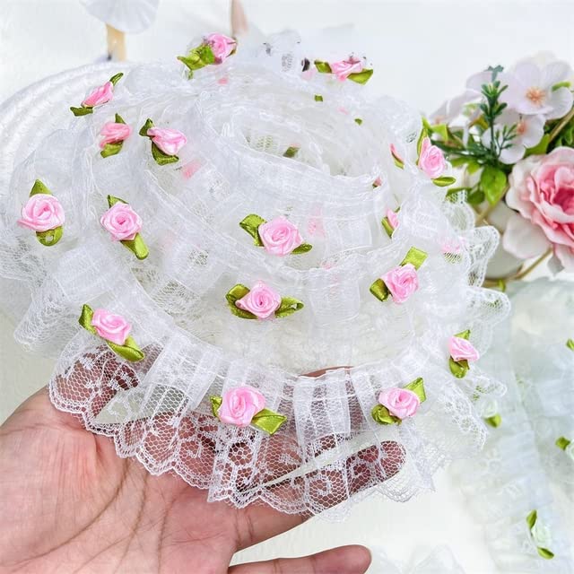 Aplikacje z haftowanej koronki Tkanina koronkowa - 1 jard 3D Rose Flower Tulle elastyczna plisowana tkanina koronkowa aplikacja na ubranka dla lalek(Pink Lace)