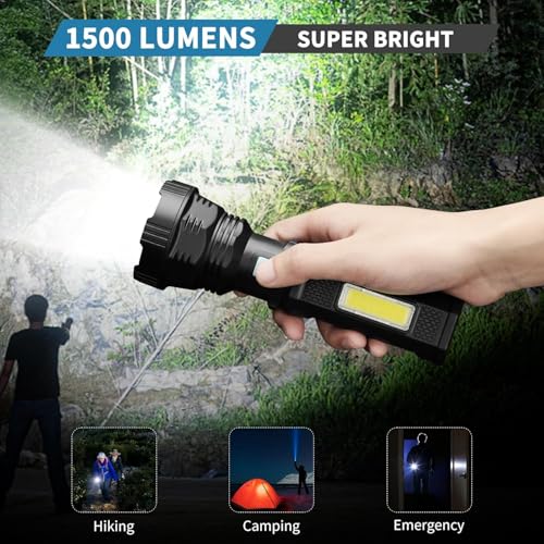 Image of Solar /Rechargeable Multi Function1500 Lumens LED Flashlight, with Emergency Strobe Light and 2000 Mah Battery, Emergency Power Supply and USB Charging Cable, Fast Charging (1PC)