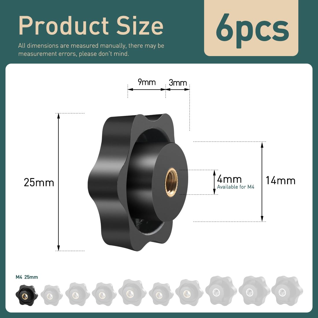 6 Pezzi M4 25mm Universale Manopole Maniglia Stella Testa Serraggio Dado Dadi Manopola, Manopola di Serraggio con Filettatura Impugnatura Ottone Zigrinata per Macchine Utensili