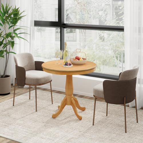 Image of Giantex Round Dining Table for 2-4 People, 32 inch D X 30 inch H Wooden Kitchen Table with Spacious Tabletop, Pedestal Base, Leisure End Tables for Bar, Kitchen, Dining Room, Restaurant, Natural