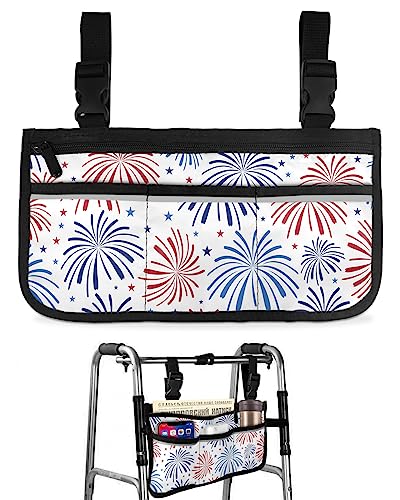 4th of July Wheelchair Side Bag Walker Bag, Colorful Fireworks Red Blue Independence Day Wheelchair Accessories Armrest Pouch, Organizer Storage Bag for Walkers, Rollators, Scooters, 7.3''x13''