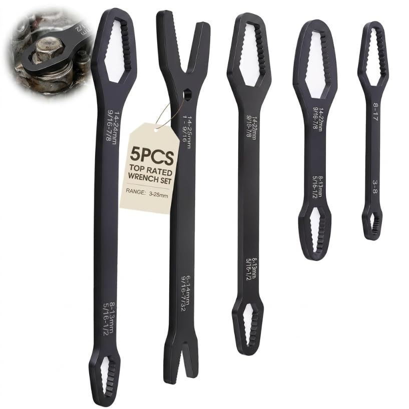 Image of Universal Double Ended Wrench Set, 3mm-25mm Wrench Double-Head Self-Tightening Adjustable Wrench,Multifunctional Sink Tool Set for Home,Plumbing, Automotive Repair, Multi Size Bolt Removal-5PC
