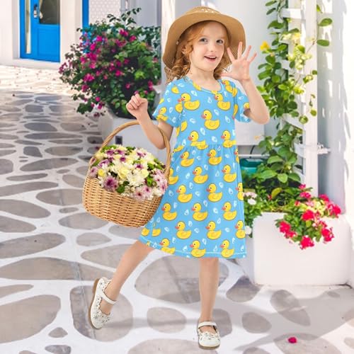 Yellow Duck on Blue Background Girls Short Sleeve Dress Casual A Line Twirly Skater Dresses4
