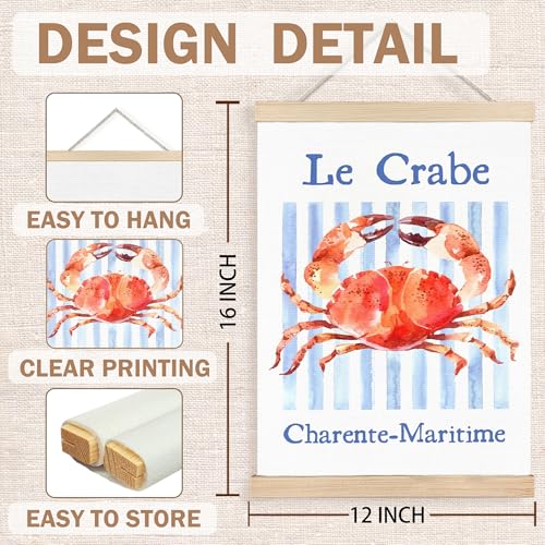 Image of PQKIY Coastal Beach Crab Wall Art Poster Hanger Frame 12x16 in, Summer Watercolor Beach Seafood Red Crab Blue Striped Aesthetic Wall Decor Canvas Prints for Home Kitchen Dining Room