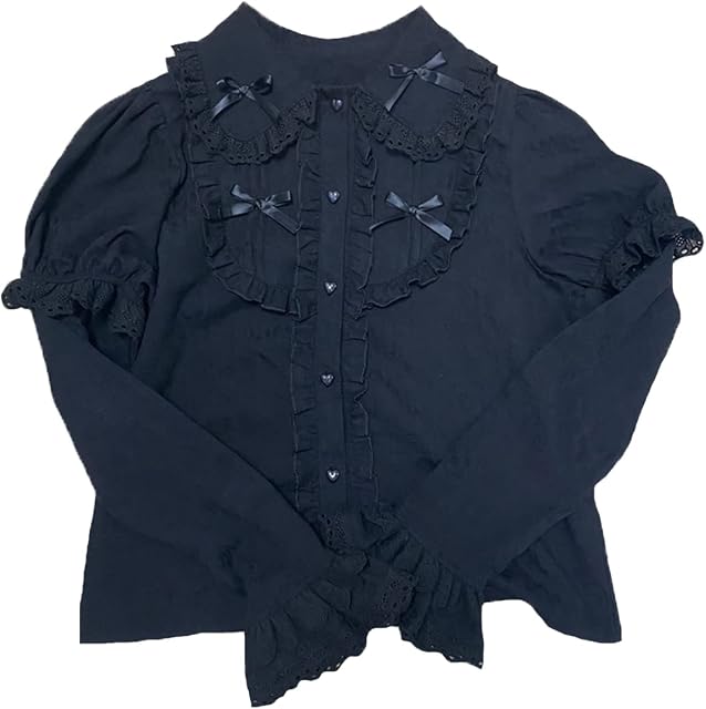 HIMI HIMIFASHION Lolita Shirt for Teen Girls Japanese Sweet Bow Doll Collar Long Sleeve Button Down Shirts Ruffle Solid Color Blouse Tops