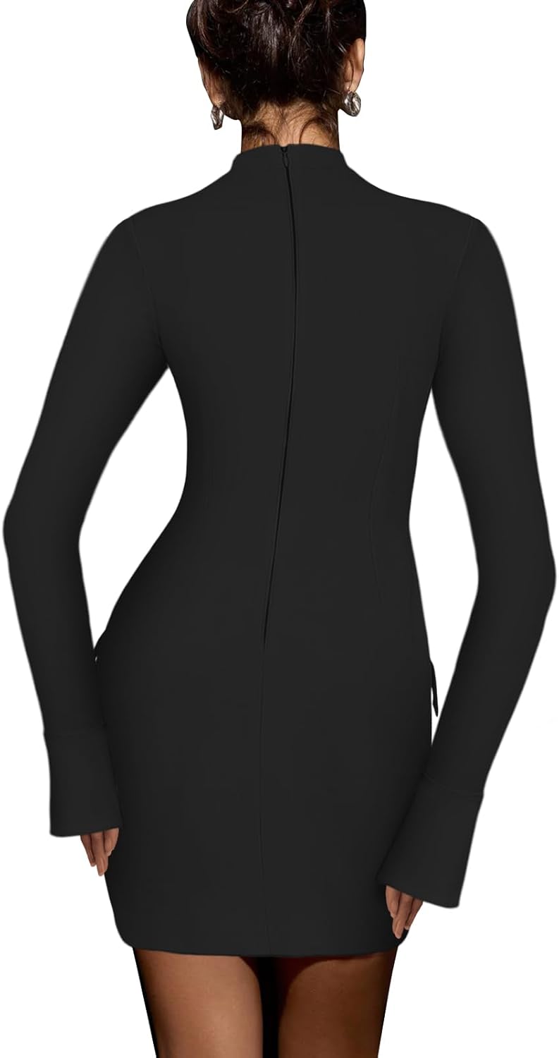 Women's Mock Neck Bodycon Dress Flare Long Sleeve Slim Fit Sexy Party Club Mini Pencil Dresses - Image 3