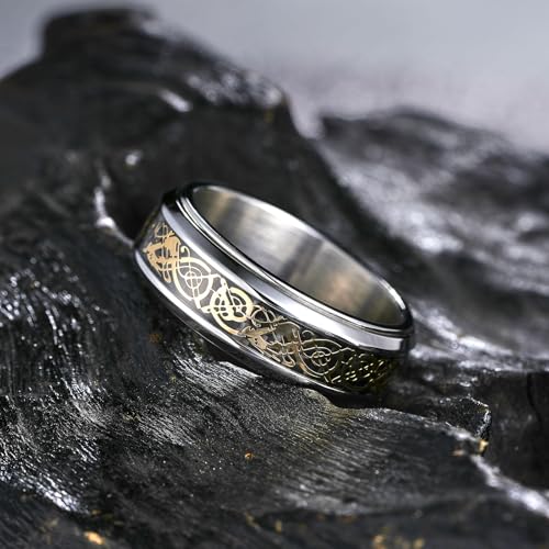 Image of King Will 316L Stainless Steel Spinner Ring for Men Women- 8mm Width Fidget Ring with Dragon /Celtic Knot Pattern, Stress Anxiety Relief Comfort Fit Wedding Band