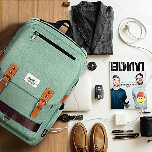 College Vintage Backpack Fashion 15.6" Laptop Rucksack with USB Charging(Green) - Thumbnail 7