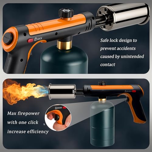 Image of Powerful Propane Torch Gun, Kitchen Torch With Adjustable Flame, Flamethrower Blow Torch for BBQ, Campfire, Searing Steak, Camping (Propane Tank Not Included) -Orange